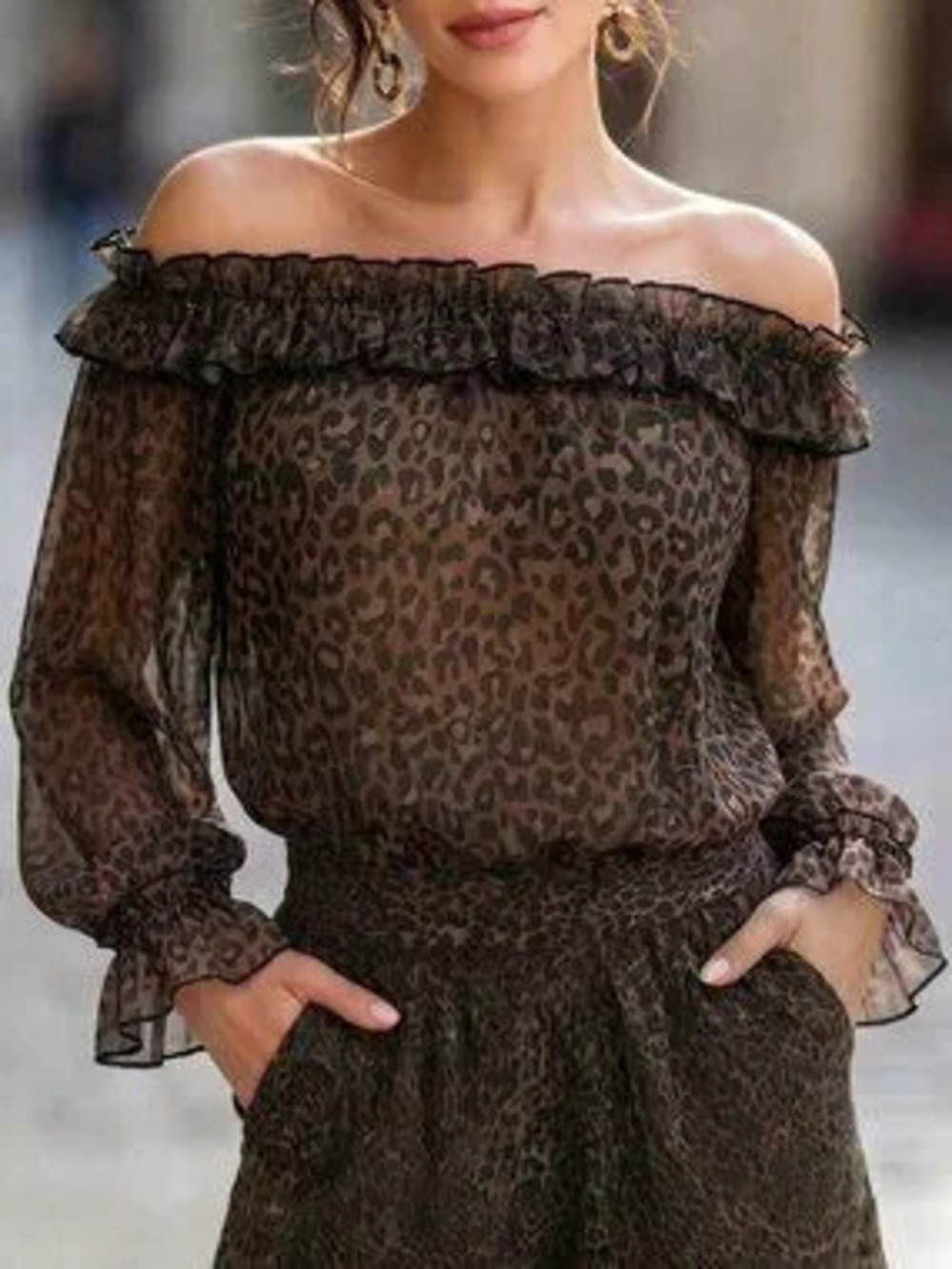 Multicolor Women's Off-Shoulder Leopard Print Romantic Ruffle Puff Sleeve Blouse